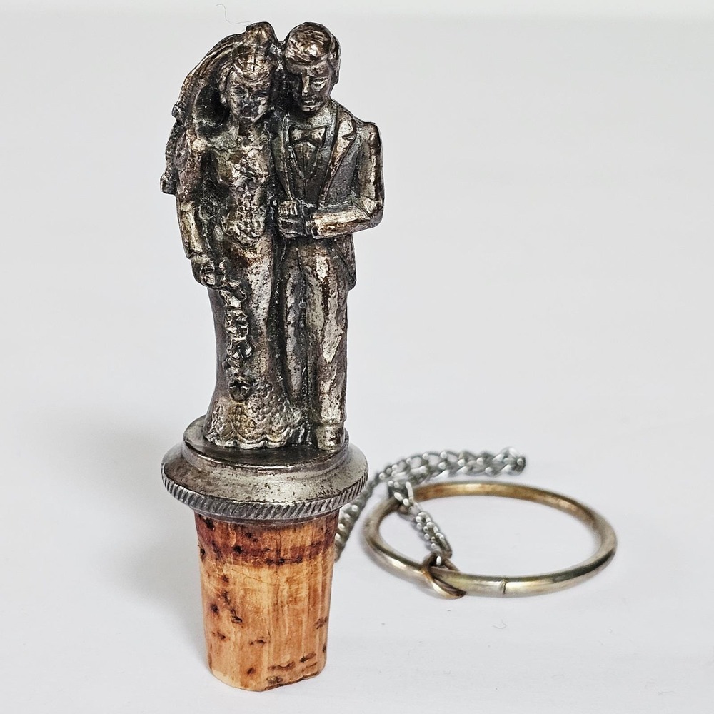 Vintage WTU Pewter Wedding Bride & Groom Wine Bottle Stopper Silver Tone Barware